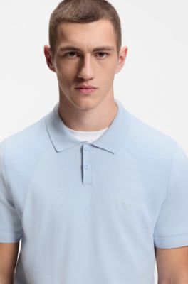 Cotton-blend knit polo with bodymapping structure, Light Blue