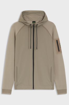 Mixed-material knitted jacket with jacquard graphic, Light Brown