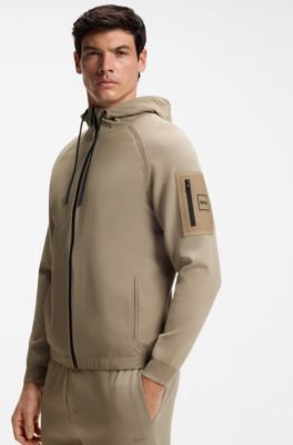 Mixed-material knitted jacket with jacquard graphic, Light Brown