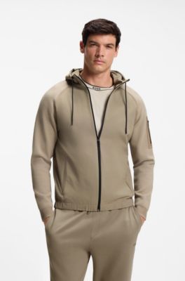 Mixed-material knitted jacket with jacquard graphic, Light Brown