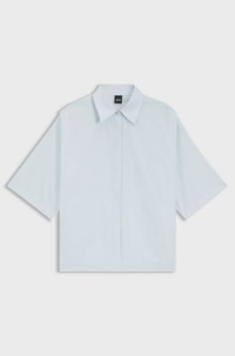 Camicetta relaxed fit in popeline di cotone con colletto a punta, Celeste