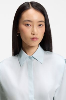 Relaxed-fit blouse in cotton poplin with point collar, Light Blue