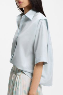 Relaxed-fit blouse in cotton poplin with point collar, Light Blue