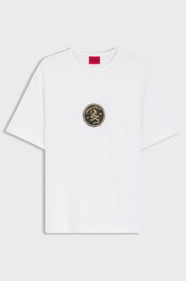 T-shirt in jersey di cotone con targhetta ricamata, Bianco