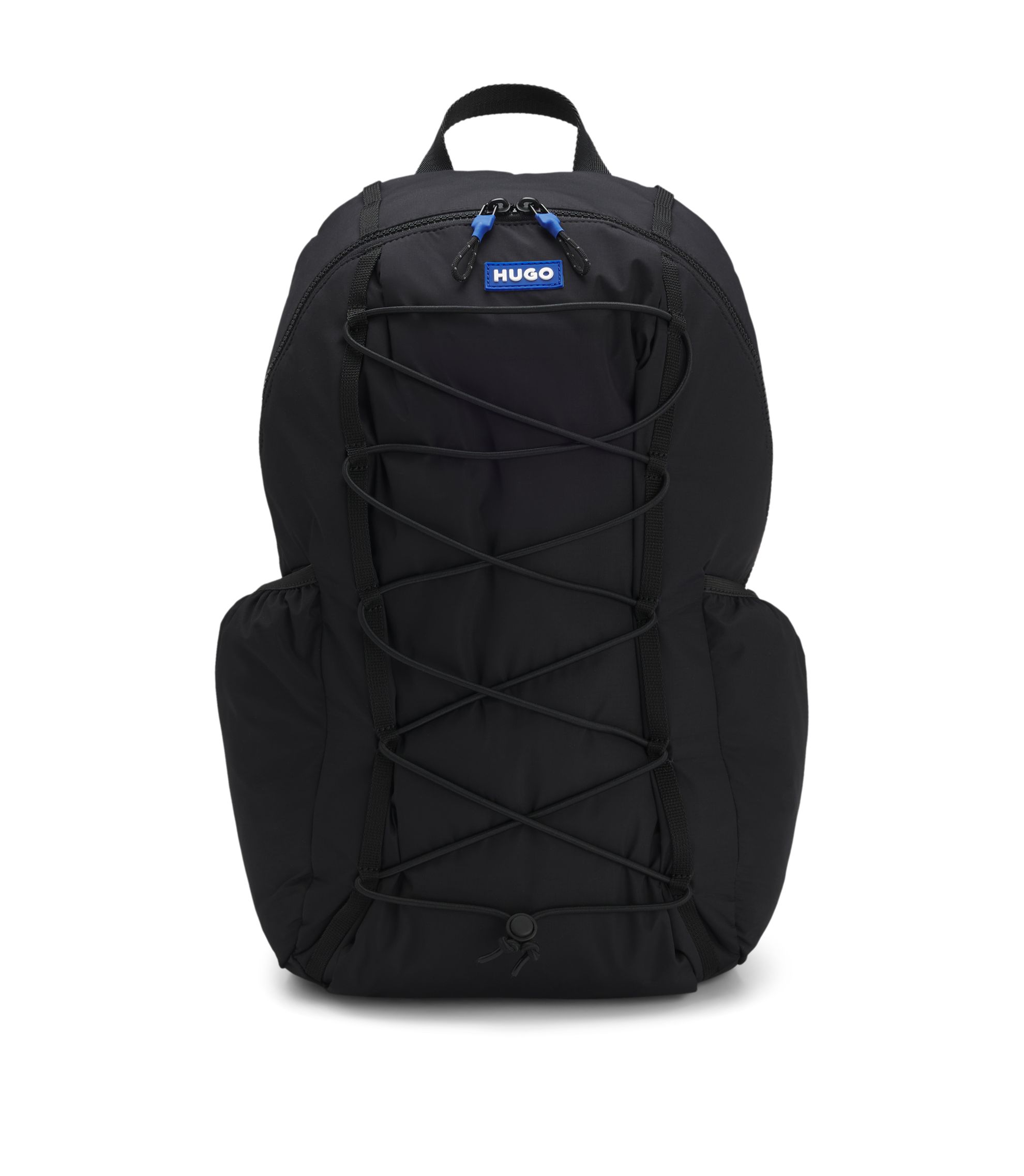 Rucksack mit blauem Logo-Aufnäher aus Gummi