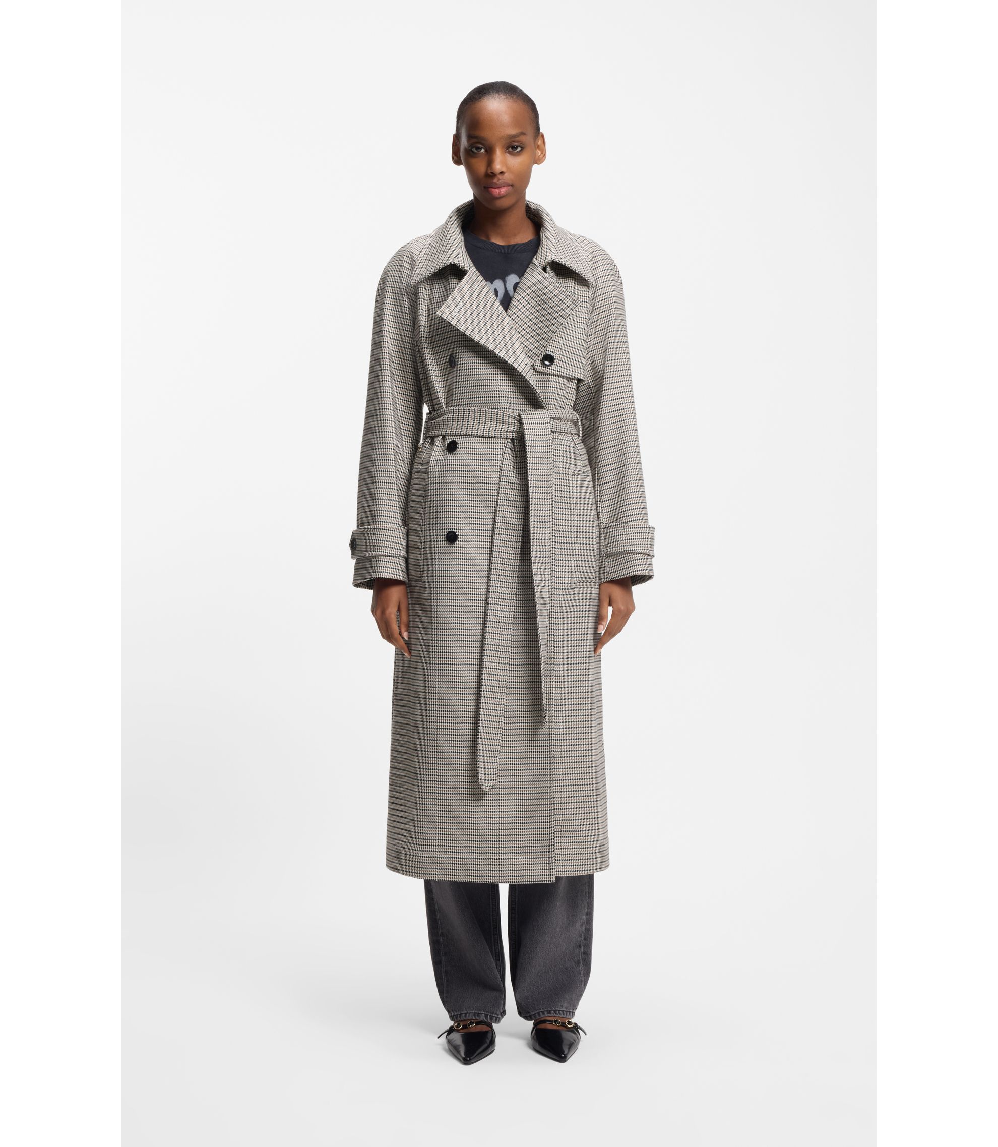 Trenchcoat mit Gürtel und Hahnentritt-Muster