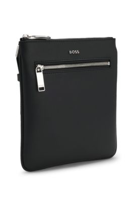 BOSS - Zipped envelope bag with polished logo lettering - Black