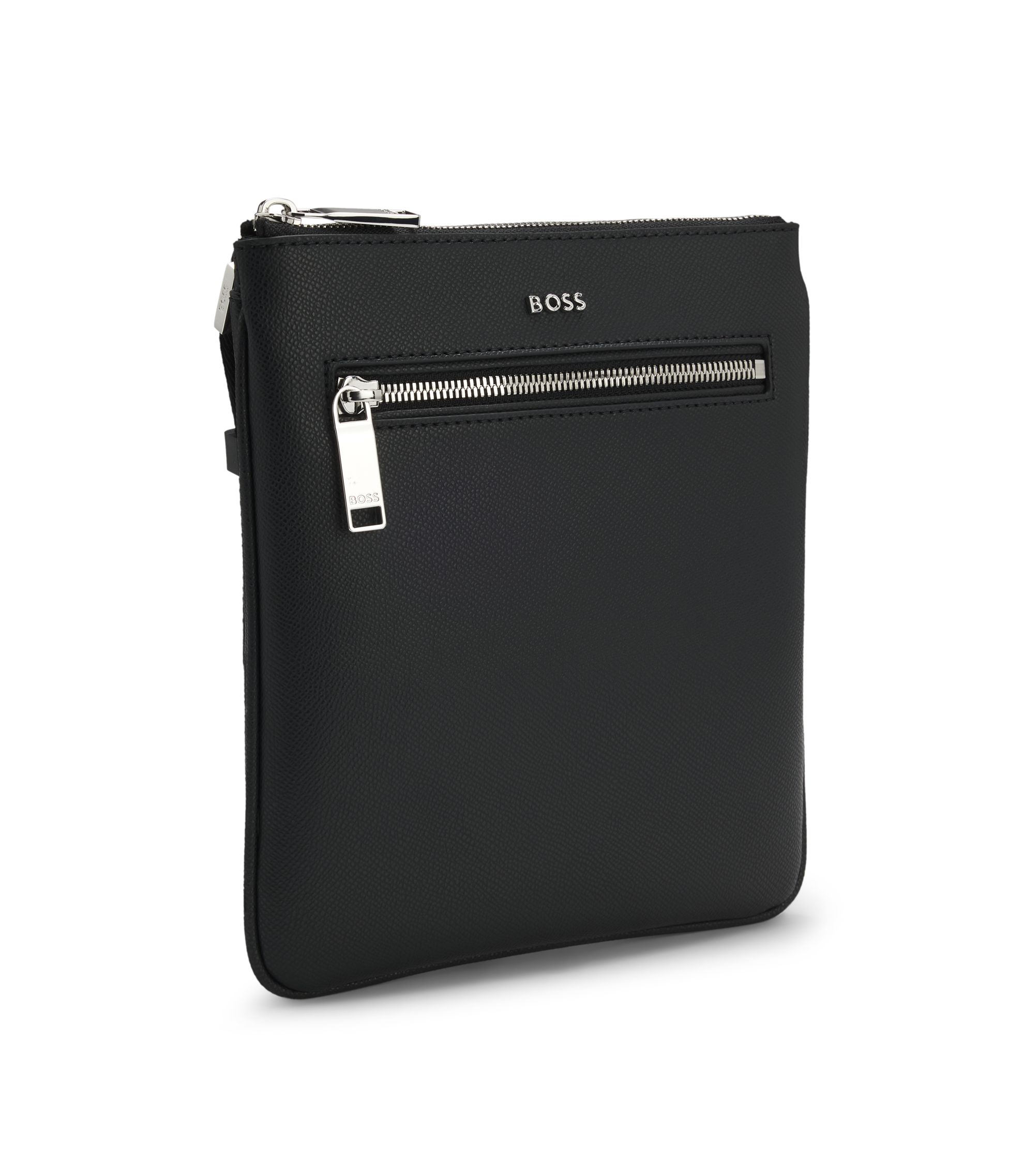BOSS - Zipped envelope bag with polished logo lettering - Black