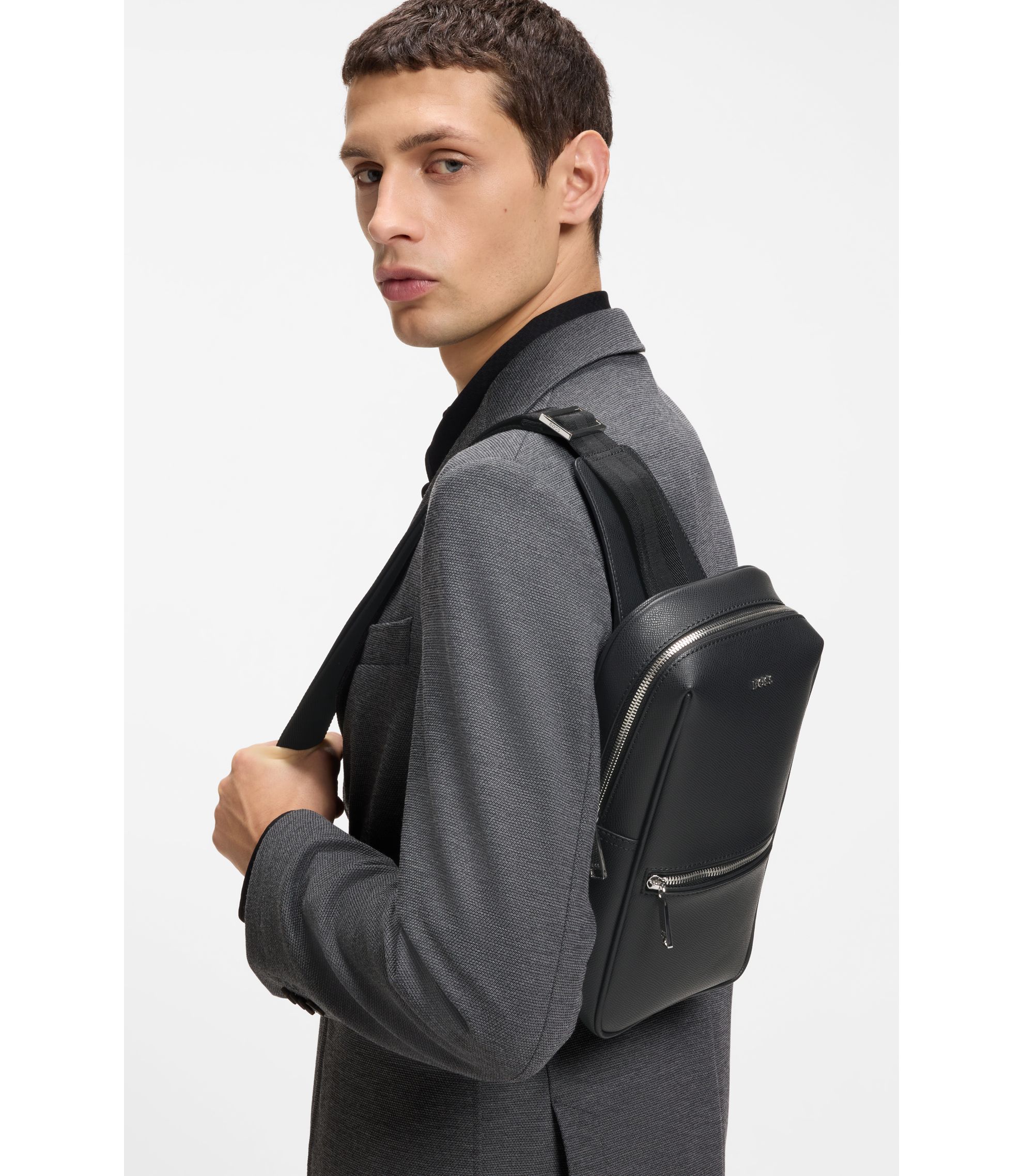 BOSS - Mono-strap backpack with polished trims - Black