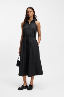 Cotton-poplin dress with drawcord waist, Black