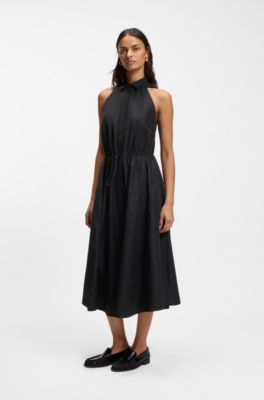 Cotton-poplin dress with drawcord waist, Black