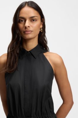 Cotton-poplin dress with drawcord waist, Black