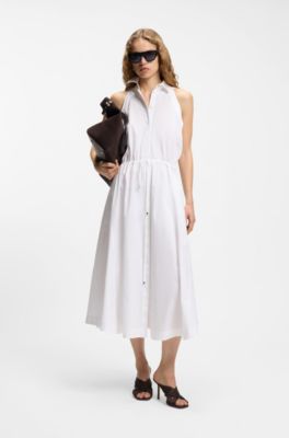 Cotton-poplin dress with drawcord waist, White