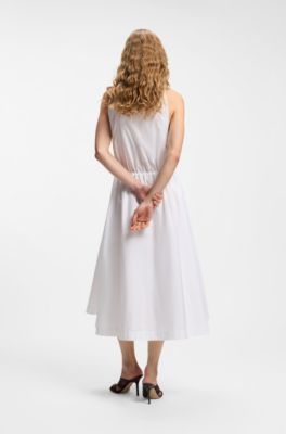 Cotton-poplin dress with drawcord waist, White