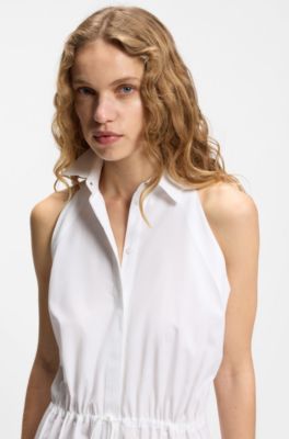 Cotton-poplin dress with drawcord waist, White