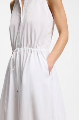 Cotton-poplin dress with drawcord waist, White