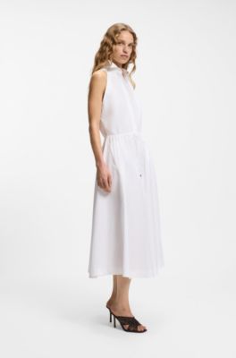 Cotton-poplin dress with drawcord waist, White
