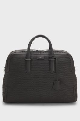 Sac de voyage en cuir tress&eacute; avec logo argent&eacute;, Marron fonc&eacute;