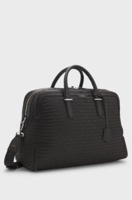 Woven-leather holdall with silver-tone logo, Dark Brown