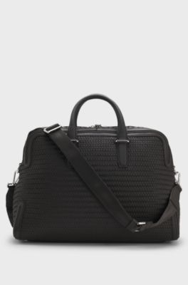 Woven-leather holdall with silver-tone logo, Dark Brown