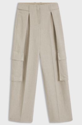 Pantaloni regular fit in misto lino spigato, Beige chiaro