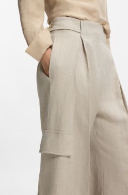 Pantaloni regular fit in misto lino spigato, Beige chiaro