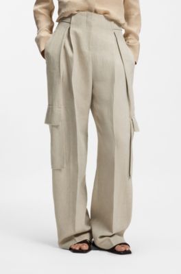 Pantaloni regular fit in misto lino spigato, Beige chiaro