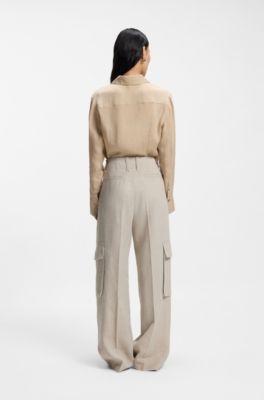 Pantaloni regular fit in misto lino spigato, Beige chiaro