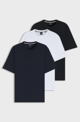 Lot de trois t-shirts en coton &agrave; col rond, Noir / Blanc / Bleu