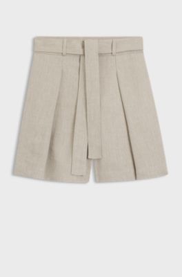 Culotte fit morbido in misto lino con trama a spina di pesce, Beige chiaro