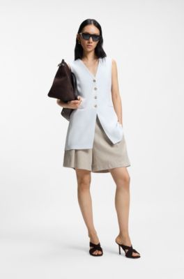 Culotte fit morbido in misto lino con trama a spina di pesce, Beige chiaro