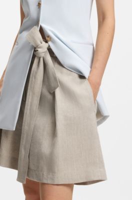 Relaxed-fit broekrok van linnenmix met visgraatpatroon, Lichtbeige