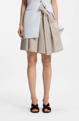 Culotte fit morbido in misto lino con trama a spina di pesce, Beige chiaro