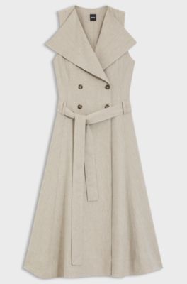 Robe portefeuille crois&eacute;e en lin m&eacute;lang&eacute; &agrave; chevrons, Beige clair