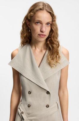 Robe portefeuille crois&eacute;e en lin m&eacute;lang&eacute; &agrave; chevrons, Beige clair