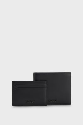 Logo-trimmed leather wallet and card holder gift set, Black
