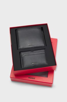Logo-trimmed leather wallet and card holder gift set, Black