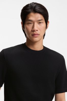 Mercerised-cotton T-shirt with basket weave, Black