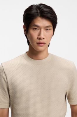 Mercerised-cotton T-shirt with basket weave, Beige