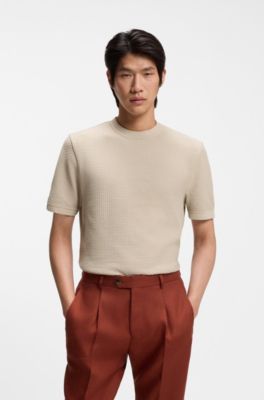 Mercerised-cotton T-shirt with basket weave, Beige