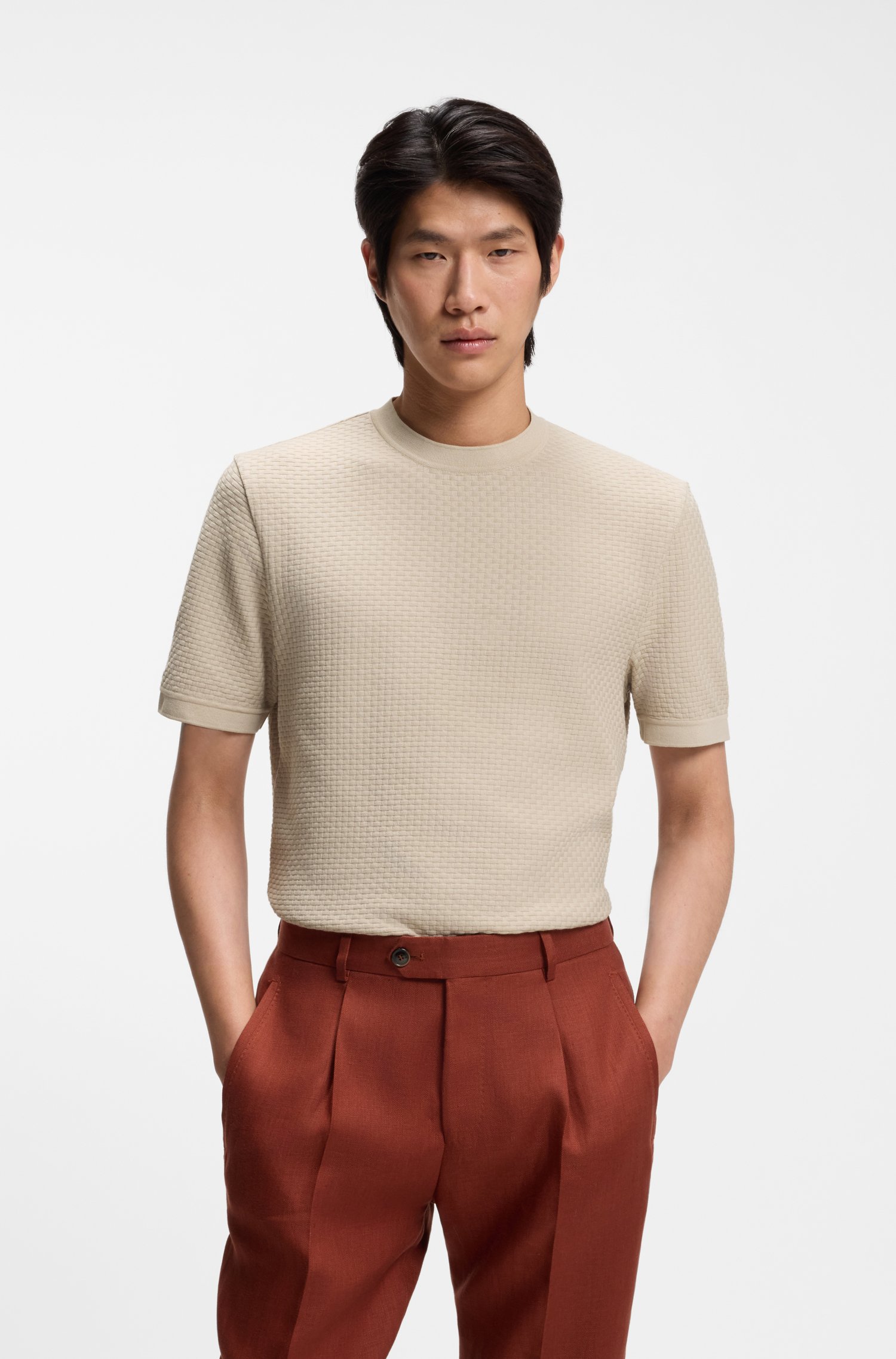 Boss Mercerised-cotton T-shirt with basket weave herr