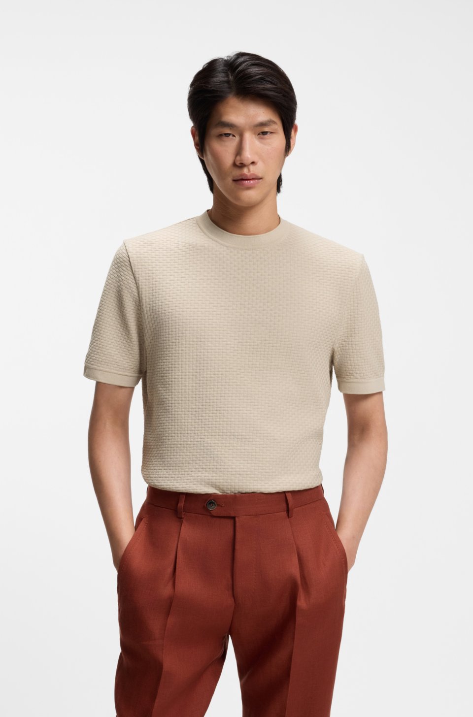 Mercerised-cotton T-shirt with basket weave