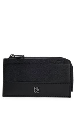 Leather card holder with stacked logo, Black