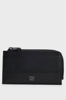 Leather card holder with stacked logo, Black