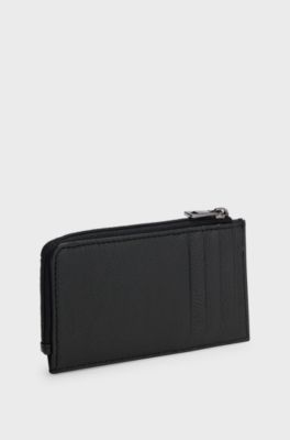 Leather card holder with stacked logo, Black