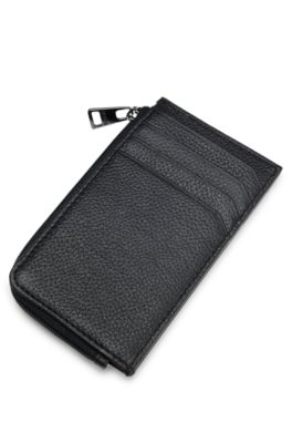 Leather card holder with stacked logo, Black