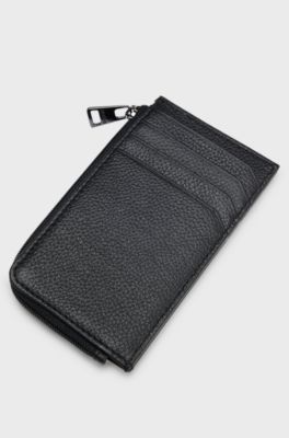 Leather card holder with stacked logo, Black
