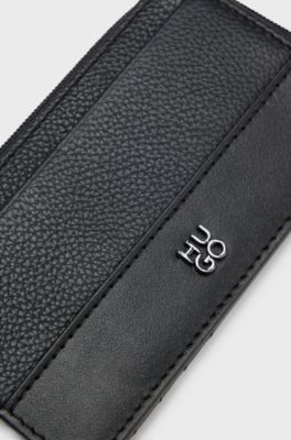 Leather card holder with stacked logo, Black