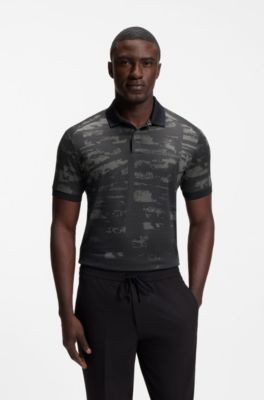 Active Slim-fit polo shirt with jacquard pattern, Dark Grey