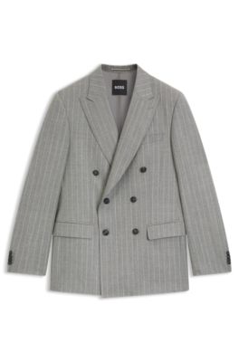 Double-breasted suit jacket in striped virgin wool, Grey Patterned